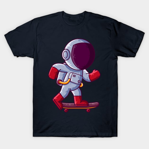 Cute Astronaut Playing Skateboard Cartoon T-Shirt by Ardhsells